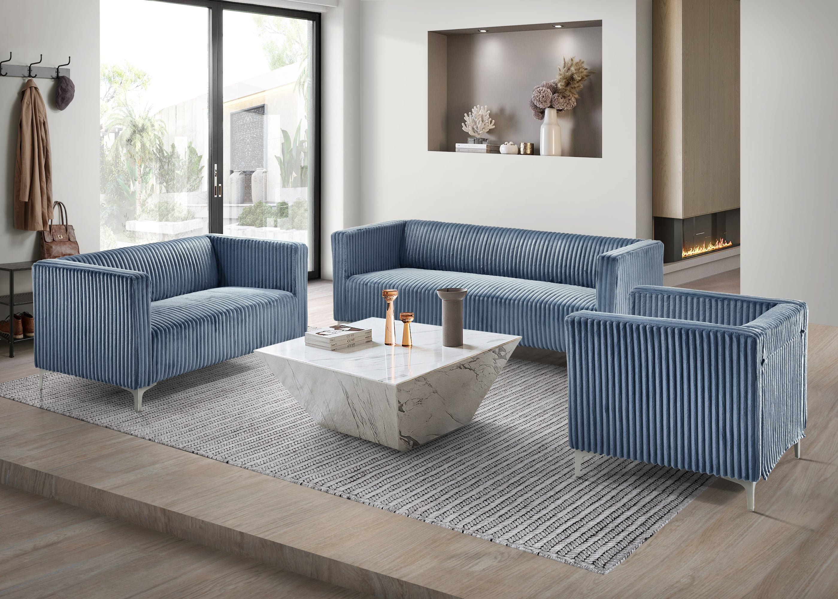 Home Design Gavin Velvet Square Arm Chair with Plush Cushions and Modern Upholstery, Durable Frame for Living Room, Contemporary Blue Design