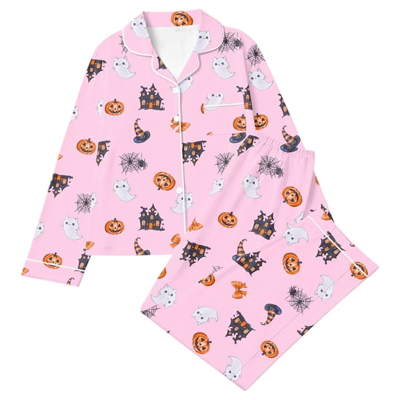 LILIYA Halloween Pajama Outfit for Girls, Short Sleeve Button Down Top and Shorts, Cute Funny Pumpkin Ghost Print Sleepwear, Cozy Loungewear, 2026 Trendy Homewear 7-8 Years