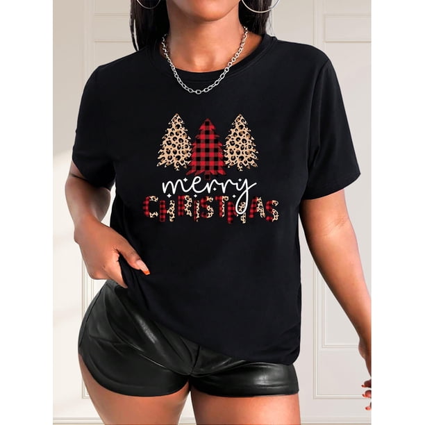 Women Crewneck Print Short Sleeve T-Shirts Summer Tees Loose Fit Graphic TopsChristmas Tree & Slogan Print Comfy T-Shirt, Round Neck Short Sleeve Sports Tee, Women's Activewear, Plaid, Black, Best