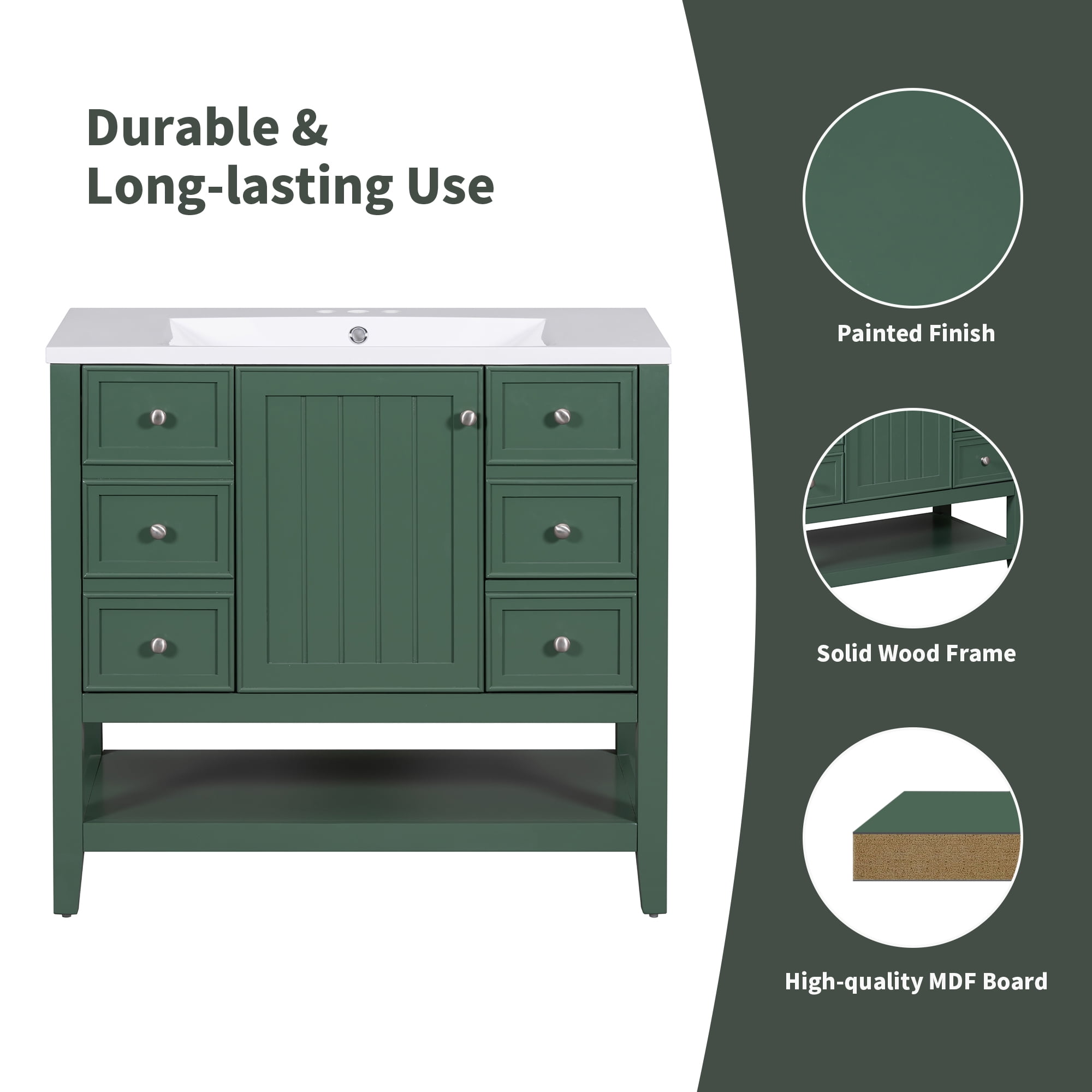 Euroco 36" Freestanding Bathroom Vanity with Ceramic Sink, Cabinet, Drawers & Open Shelf – Solid Wood & MDF Structure