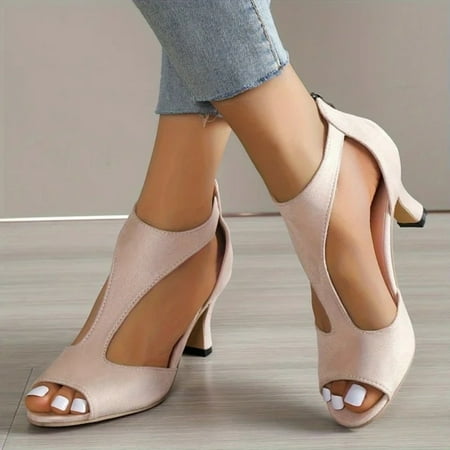 Women s Fashionable Black Chunky Heel Shoes - Peep Toe T-Strap High Heel Sandals with Back Zipper
