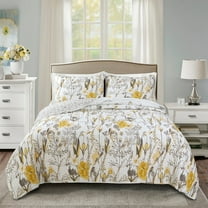 Lush Decor Adalia Floral Cotton Reversible Quilt, Full/Queen, Yellow/Gray, 3-Pc Set