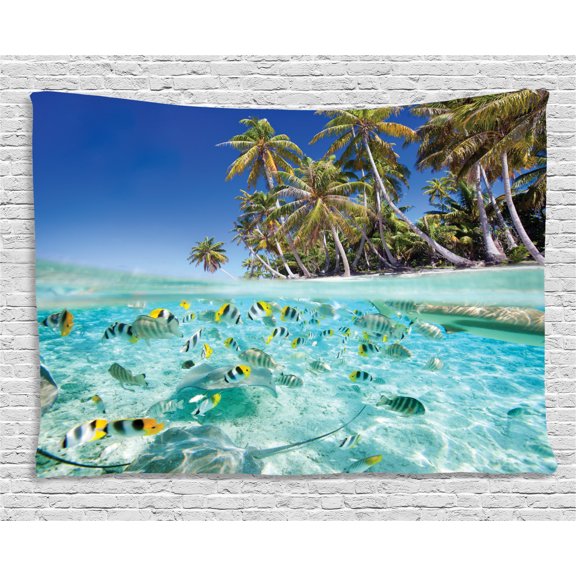 Tropical Tapestry, Exotic Island Above and Underwater Picture Scenic Polynesian Untouched Shoreline, Wall Hanging for Bedroom Living Room Dorm Decor, 80W X 60L Inches, Multicolor, by Ambesonne