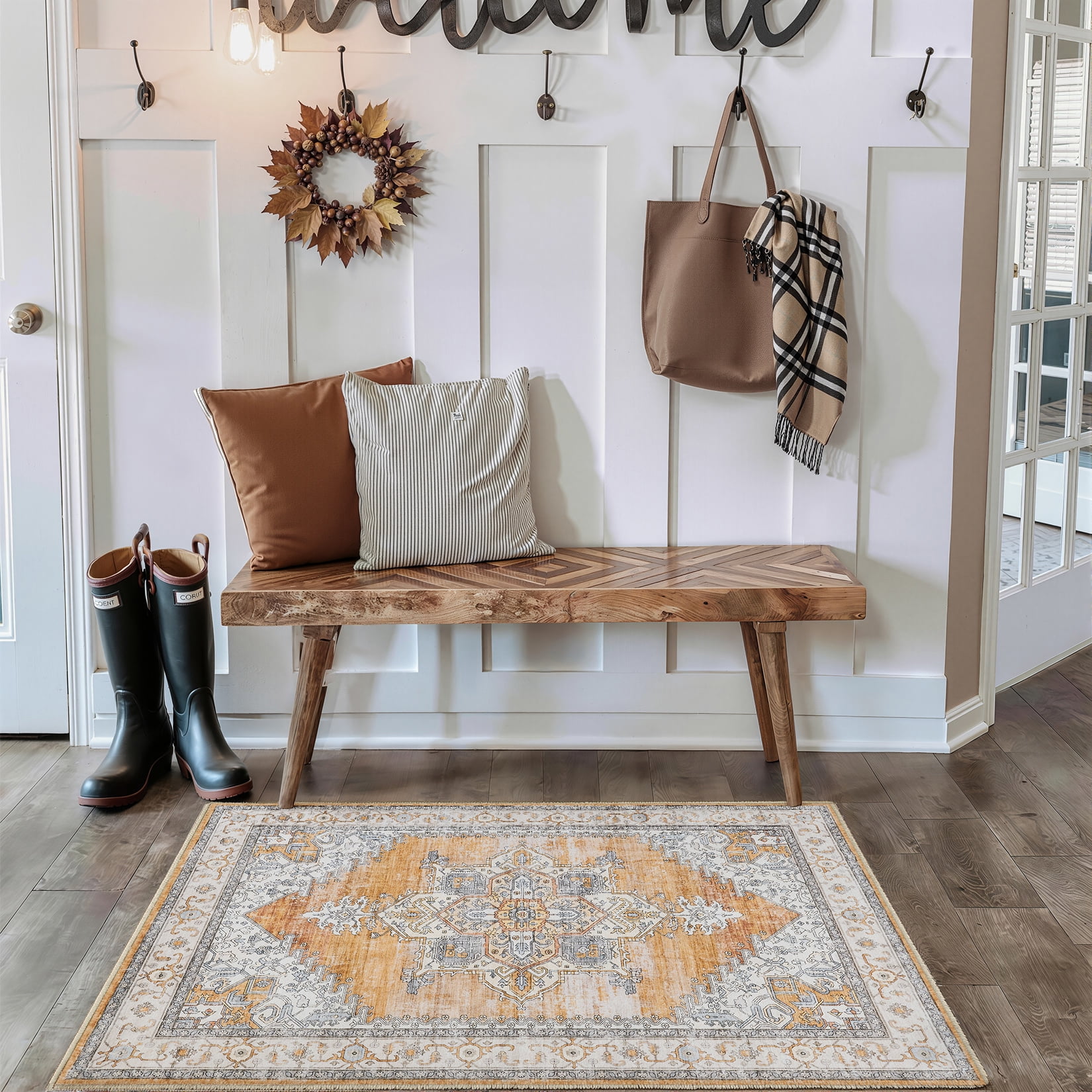 Toyoso 2x3 Machine Washable Area Rug, Soft Polyester Vintage Medallion Distressed Accent Rug, Non-Slip Oriental Floral Carpet, Burnt Orange