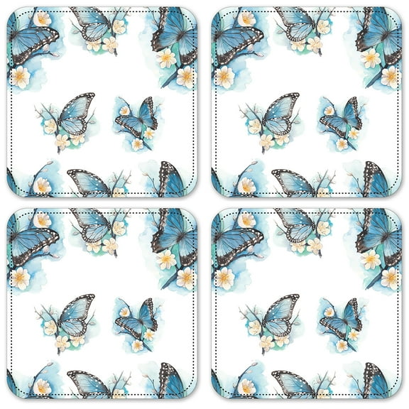Vinyl Drink Coasters - Set of 4 - Blue Butterflies on White Flowers