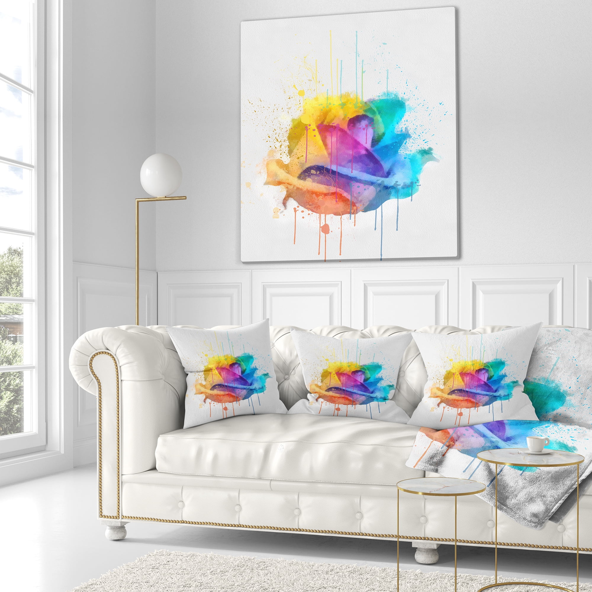 Designart Multicolor Rose with Color Splashes - Floral Throw Pillow - 18x18