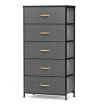 Pellebant  Fabric Vertical Dresser Storage Chest Tower with 5 Drawers Grey Dark Wood