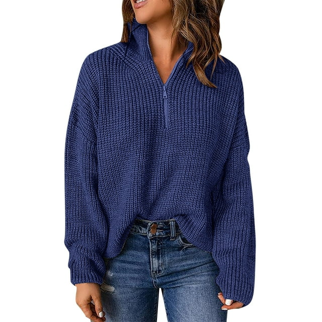 Cathalem WoWomen's Sweater Fall Slouchy Long Sleeve Ribbed Knit Side Slit Pullover Jumper,Navy XL