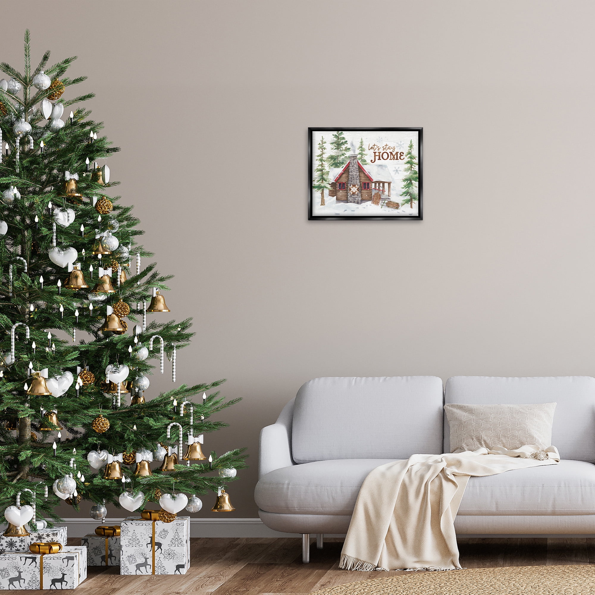Stupell Industries Cozy Winter Cabin Phrase Landscape Painting Black Floater Framed Canvas Art Print Wall Art, 21 x 17