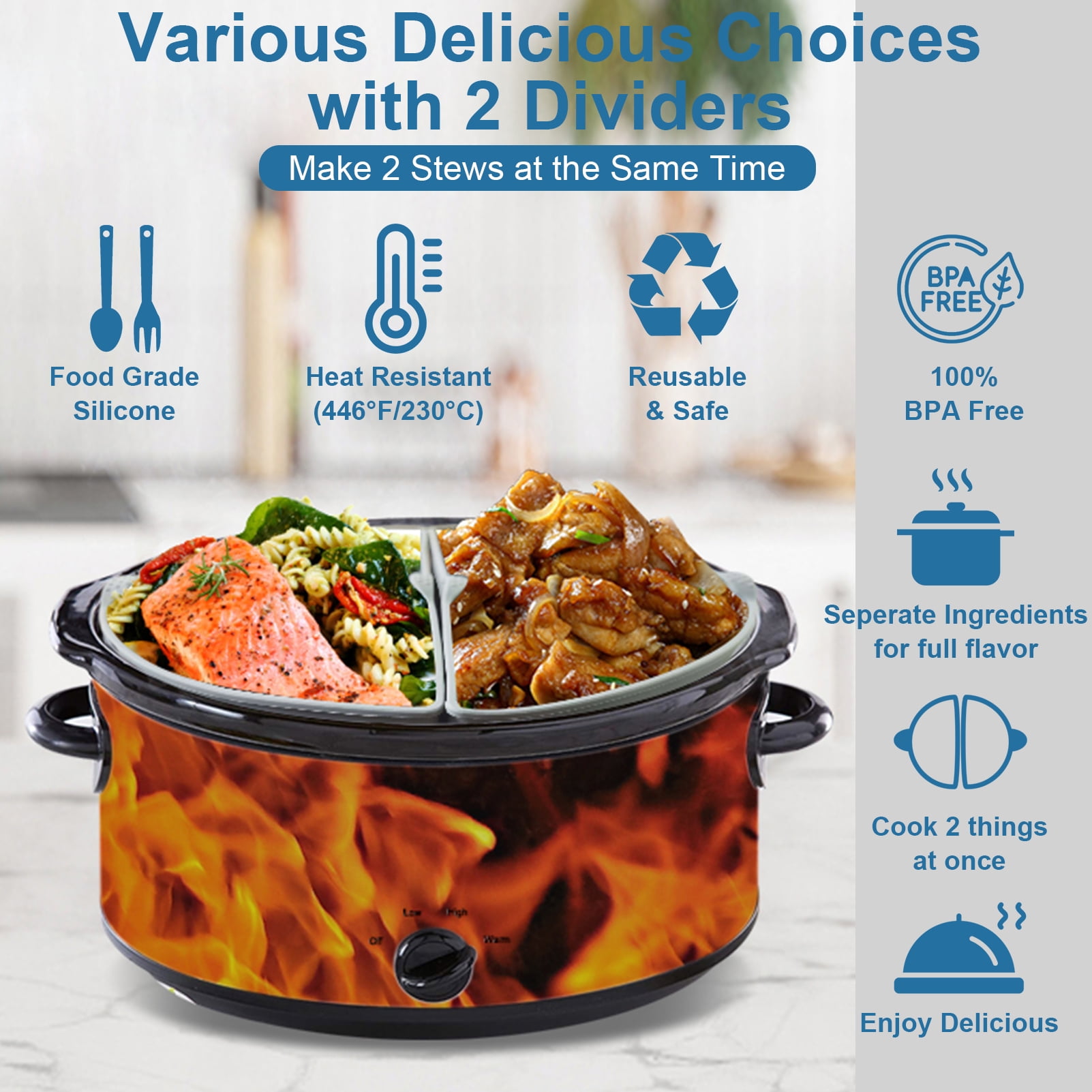 Slow Cooker Divider Liner fit 6 QT Crockpot, Reusable & Leakproof Silicone Crockpot Divider