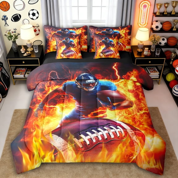 Erosebridal Football Gamer Twin Bedding Sets 7-Piece for Kids Boys,Teens Sport Theme Flame Bedding Comforter Set,Black Reversible,Ultra Soft Home Decor