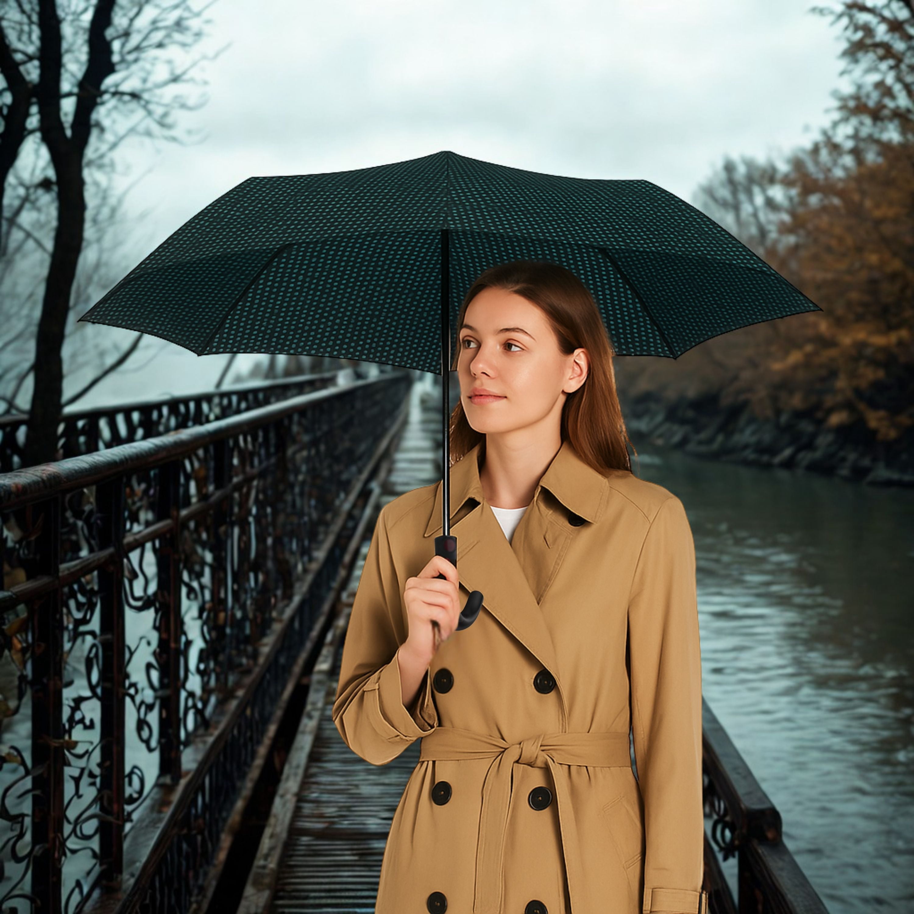 Knirps T.260 Duomatic Medium Pocket Rain Umbrella in Watson Aqua – Automatic Open Close, Wind-Tunnel Tested to 93mph, Hook Handle Design, 38in Canopy, OEKO-TEX, Fits in Backpacks & Purses