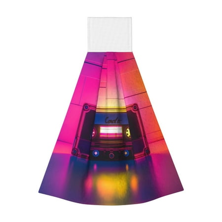 

Qekee Neon Cassette Tape Print Hanging Kitchen Towels Coral Velvet Wipe Hand Towel Absorbent Hand Towels Microfiber Tie Towel for Bathroom Kitchen Decor