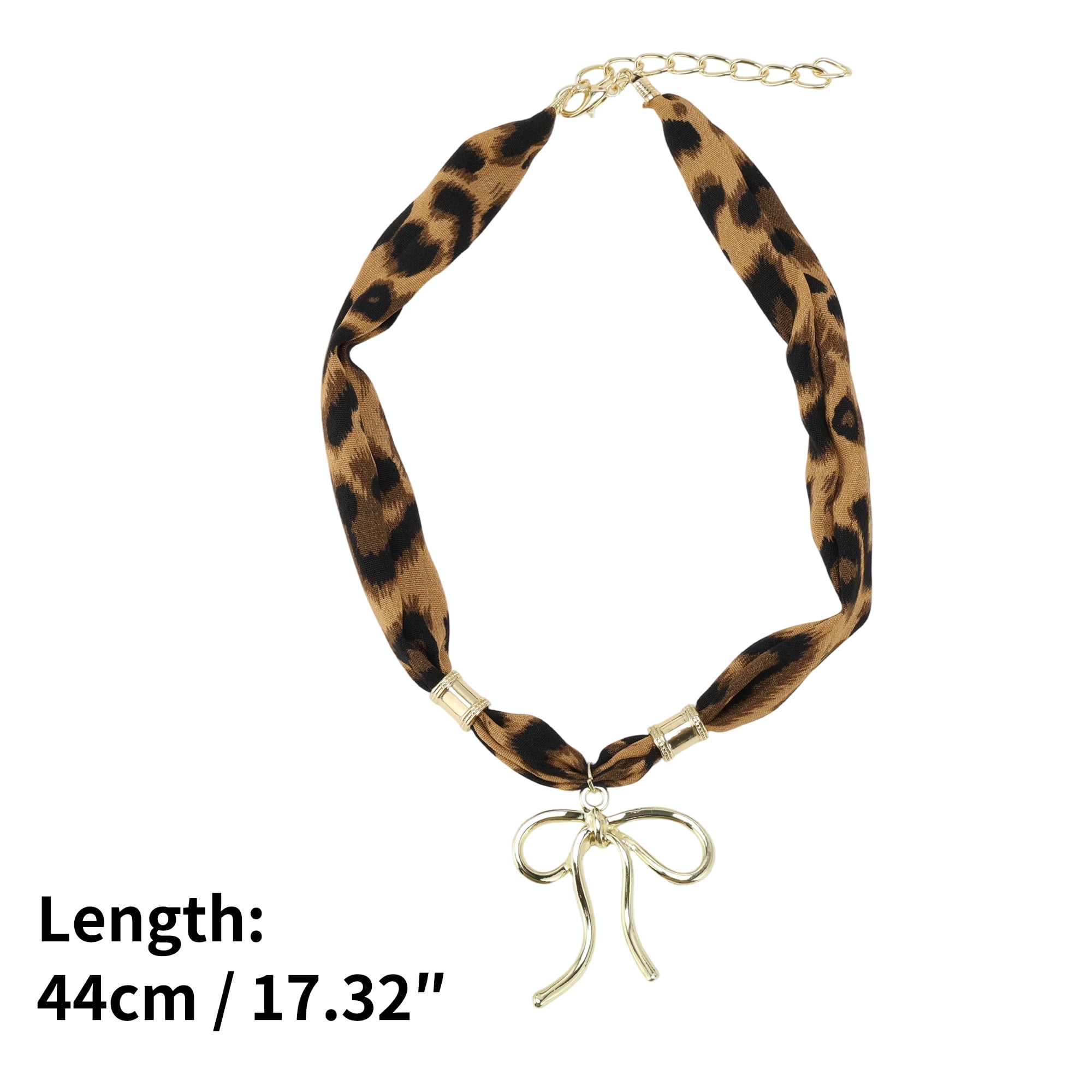Unique Bargains Leopard Bow Scarf Necklace with Charm Adjustable Tie Brown 1 Pc