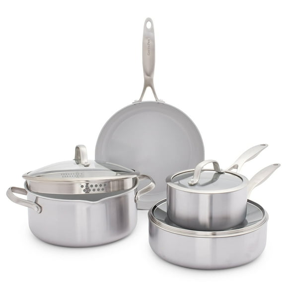 GreenPan Venice Pro Tri-Ply Stainless Steel Healthy Ceramic Nonstick 7 Piece Cookware Pots and Pans Set, PFAS-Free, Multi Clad, Induction, Dishwasher Safe, Oven Safe, Silver