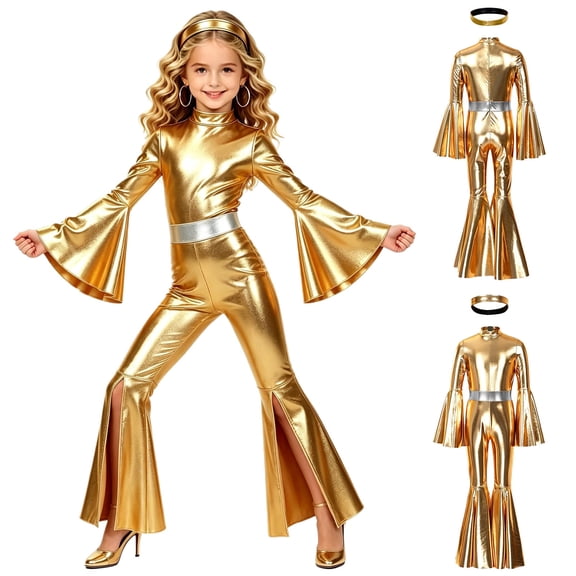 iiniim Girls Disco Party Split Bell-bottom Metallic Jumpsuit Long Flared Sleeves Mock Neck Back Invisible Zipper Bodysuit with Headband Gold 10