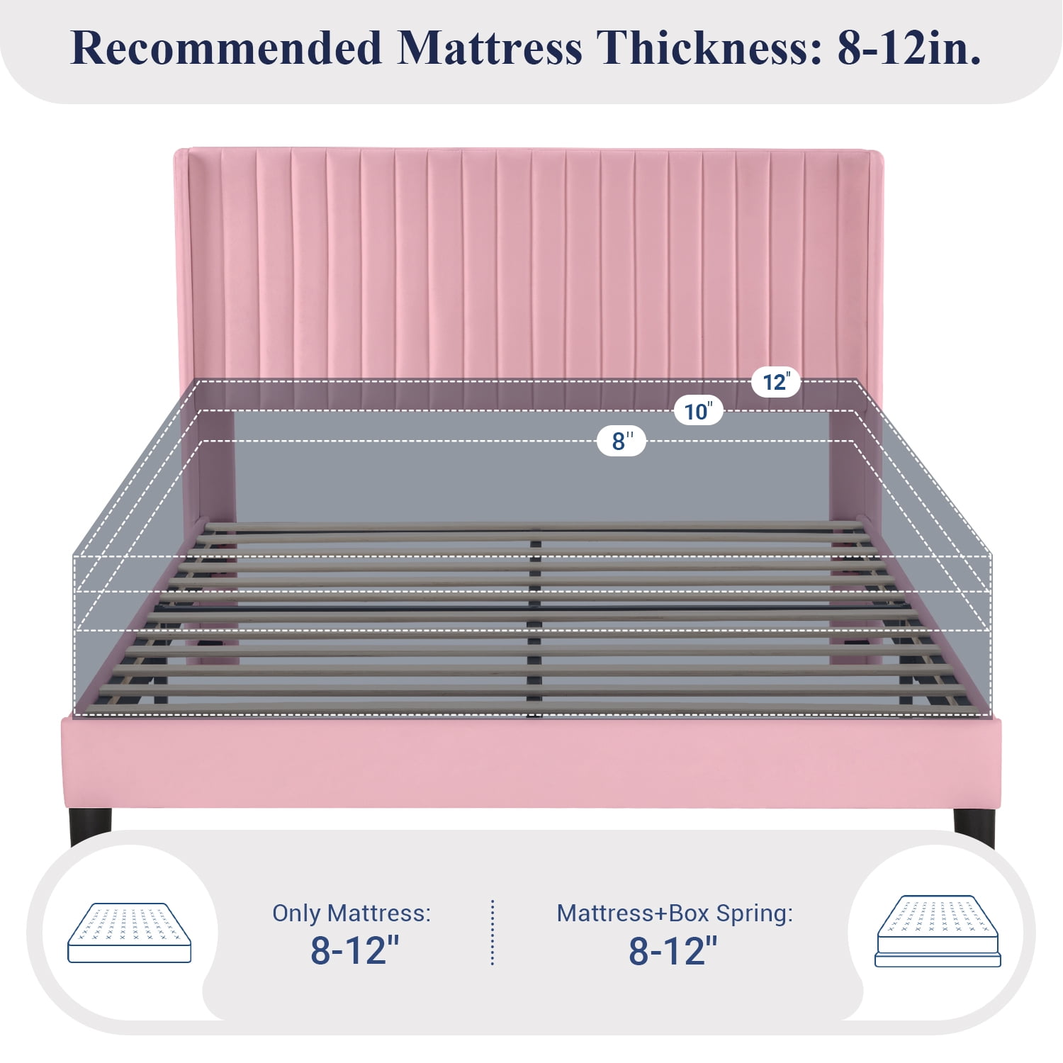 Sifurni QUeen Size Velvet Platform Bed Frame with Vertical Channel Tufted Wingback Headboard, Pink