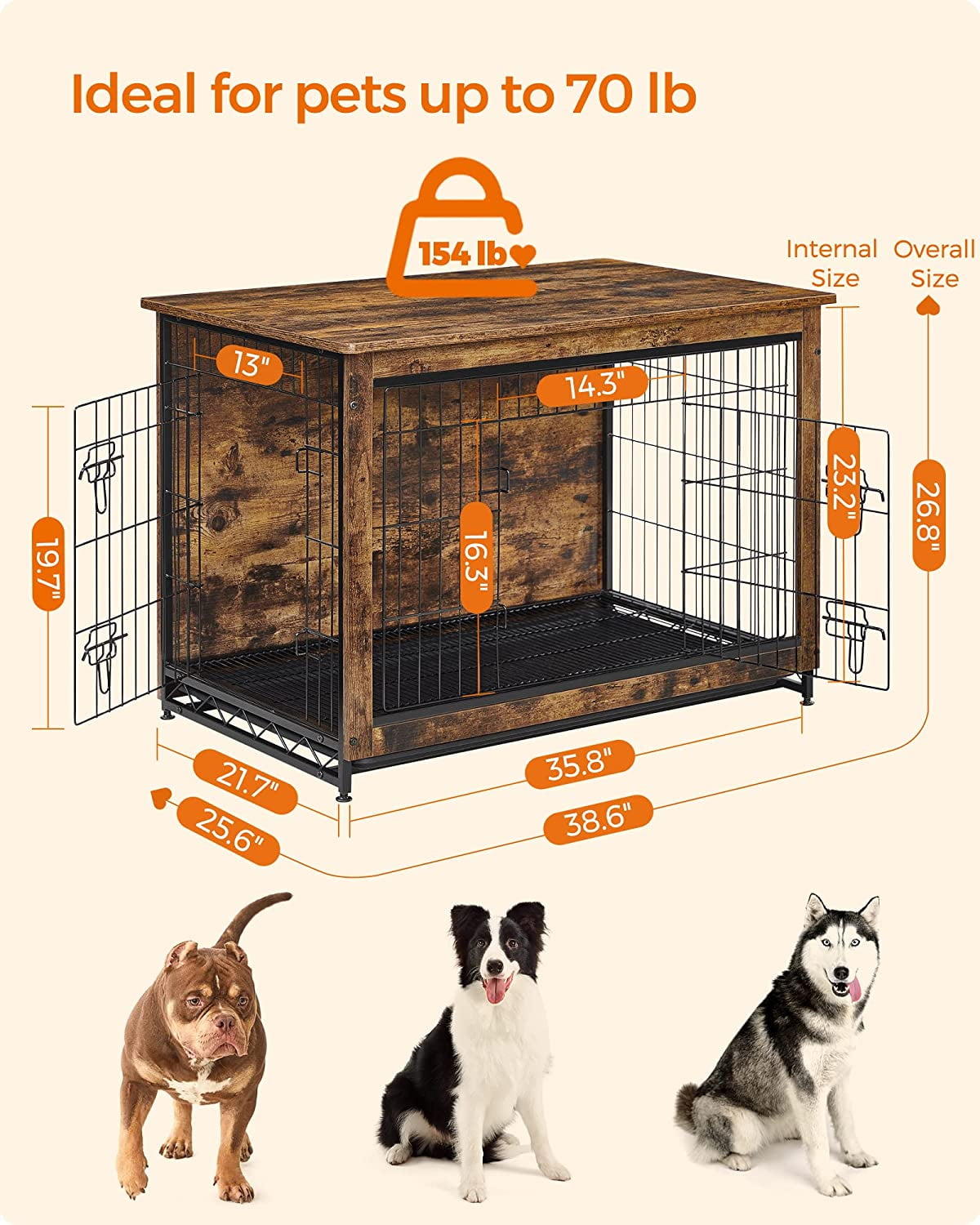 Wooden Dog Crate Furniture,Double-Doors Kennel for Dogs Indoor up to 70 lb, Removable Tray, End Table Dog Crate for Decoration 38.6"L x 25.6"W x 26.8"H, Rustic Brown