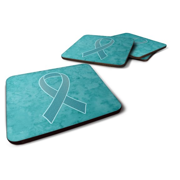 Teal Ribbon for Ovarian Cancer Awareness Foam Coaster Set of 4