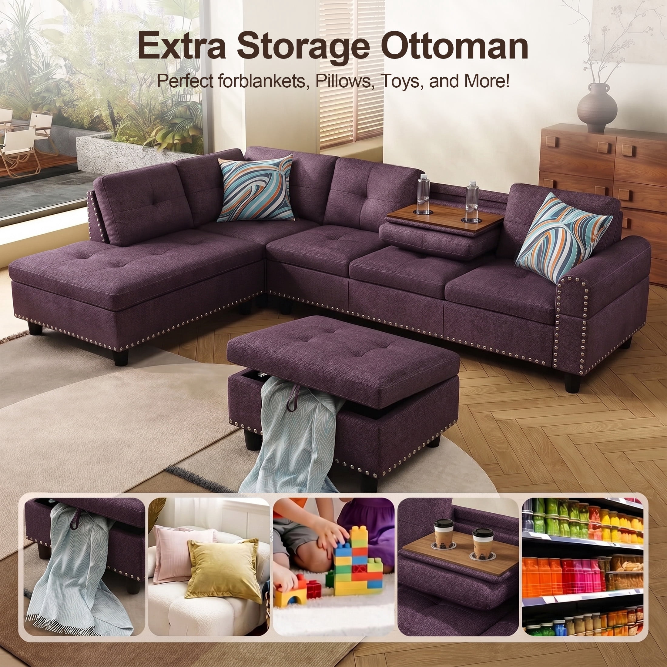 AENKYO 98" L-Shaped Sectional Sofa with Reversible Chaise, Storage Ottoman & Cup Holders, Linen, Purple