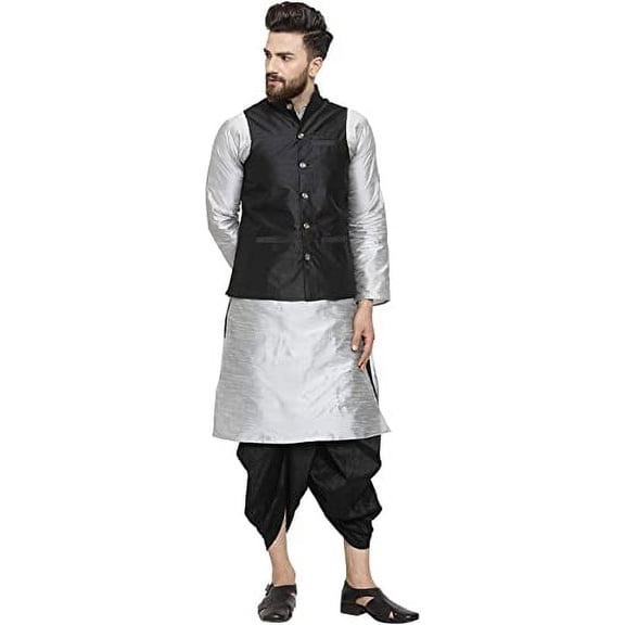 Royal Kurta Men's Silk Blend Kurta Dhoti & Nehru Jacket Set (42, Silver -Black1)