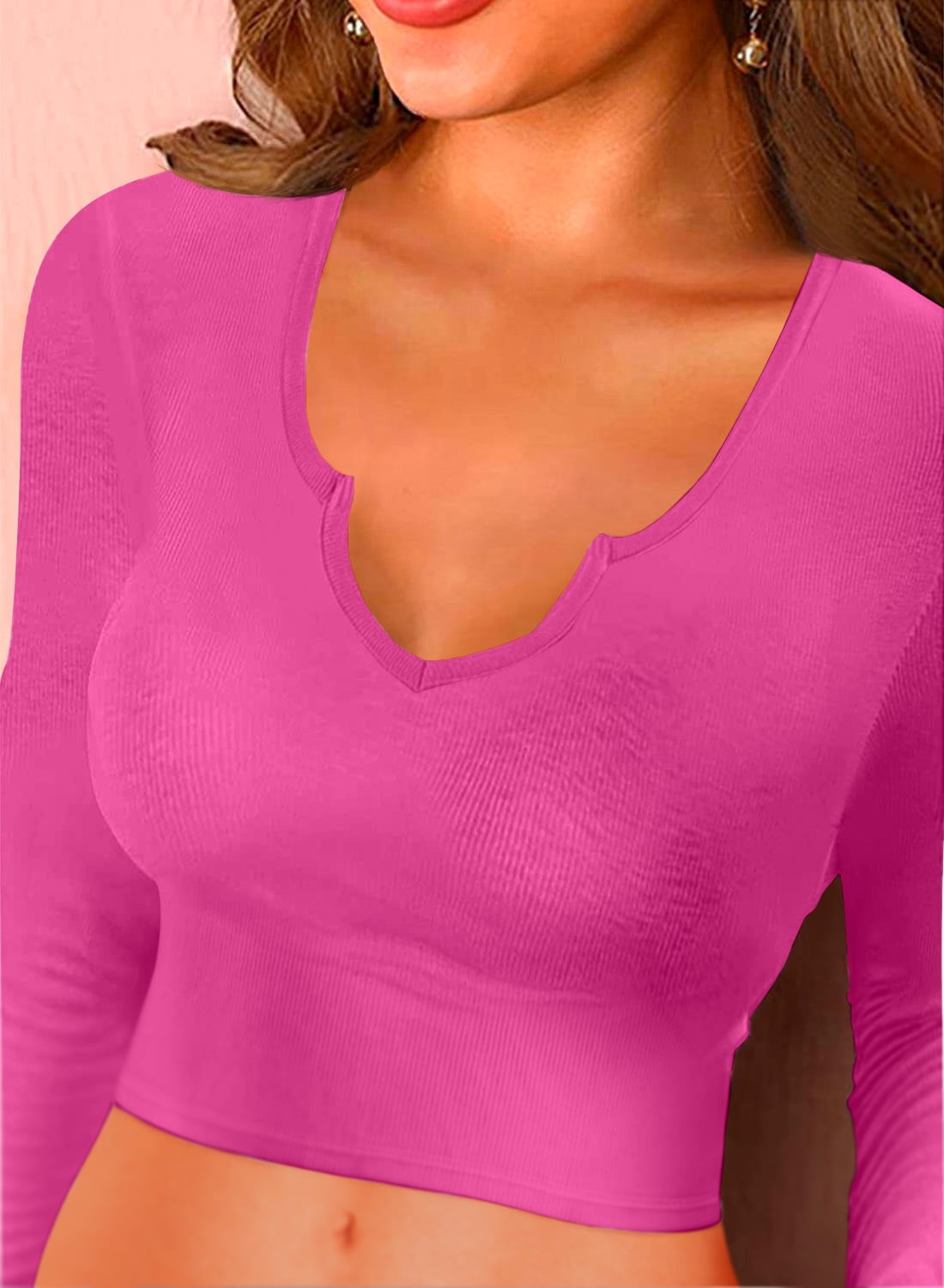 pink v neck long sleeve