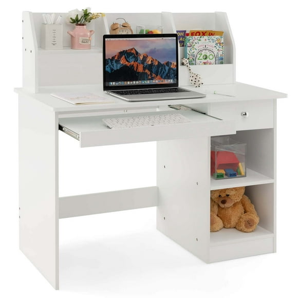 Costway Kids Study Desk Children Writing Table with Hutch Drawer Shelves & Keyboard Tray