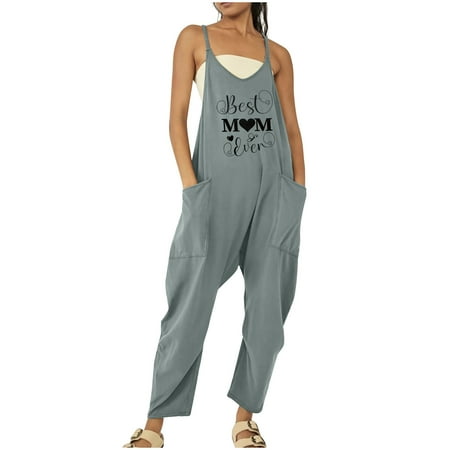 

Jsezml Jumpsuits for Women Casual Best Mom Ever Letter Print Overalls Loose Sleeveless Pockets Rompers for Mother s Day