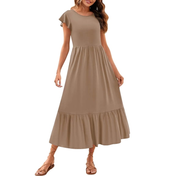 XVJRHAK Tea Party Dress Womens Summer Casual Crewneck Swing Dress Casual Flowy Tiered Maxi Beach Dress With Pockets Maxi(A,S)