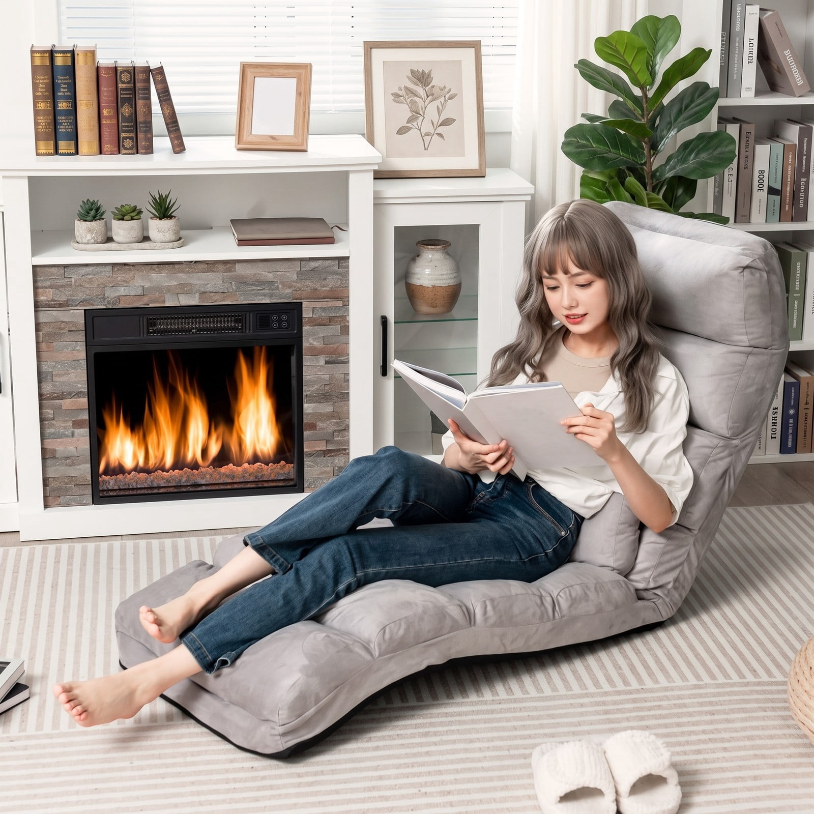 Furnibear Folding Lazy Sofa Floor Chair, 5-Position Adjustable Faux Suede Padded Recliner Lounger with Steel Frame and Free Pillow for Gaming Reading TV, Gray