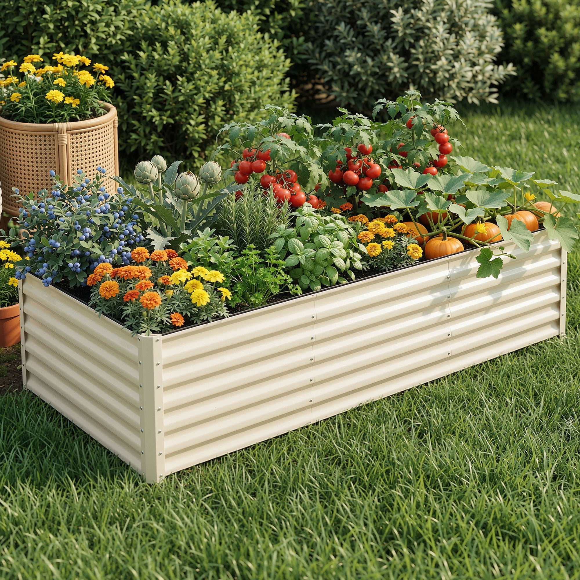 8X4X2FT 1 Pack Galvanized Metal Raised Garden Bed Kit with Gardening Gloves, Support Rod & Safety Rubber, Outdoor Above Ground Planter Box for Plants Vegetables Flowers, Cream White
