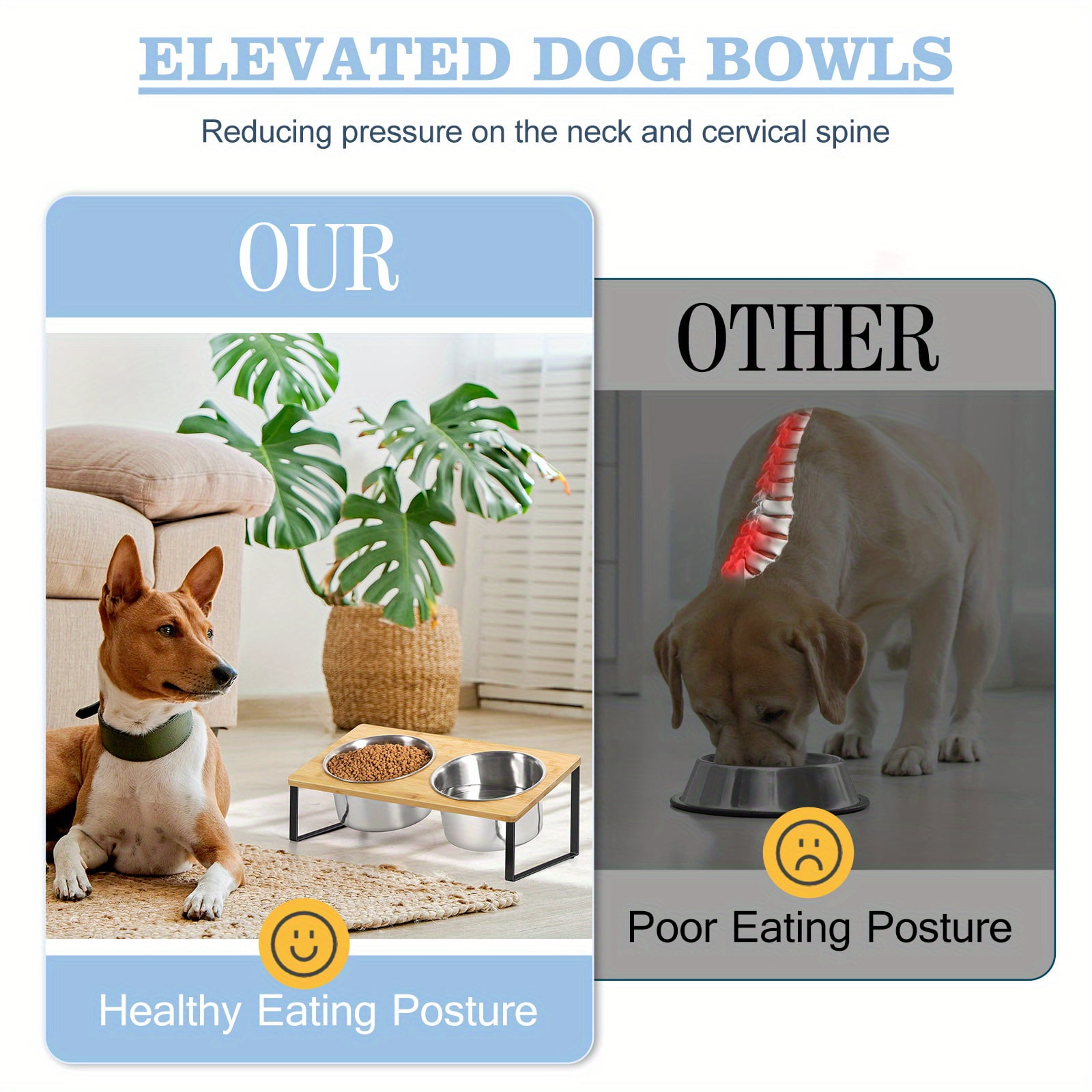 Bamboo Raised Dog Bowls 2 Pack with 10° Tilt, Elevated Pet Feeder Stand with 62.2oz Stainless Steel Bowls for Medium & Large Dogs or Cats