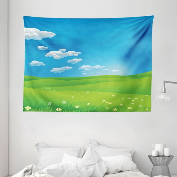 Landscape Tapestry, Cartoon Scenery Clouds Valley Hills Grass Sunbeams Flowers Artprint Image, Wall Hanging for Bedroom Living Room Dorm Decor, 80W X 60L Inches, Blue White Green, by Ambesonne