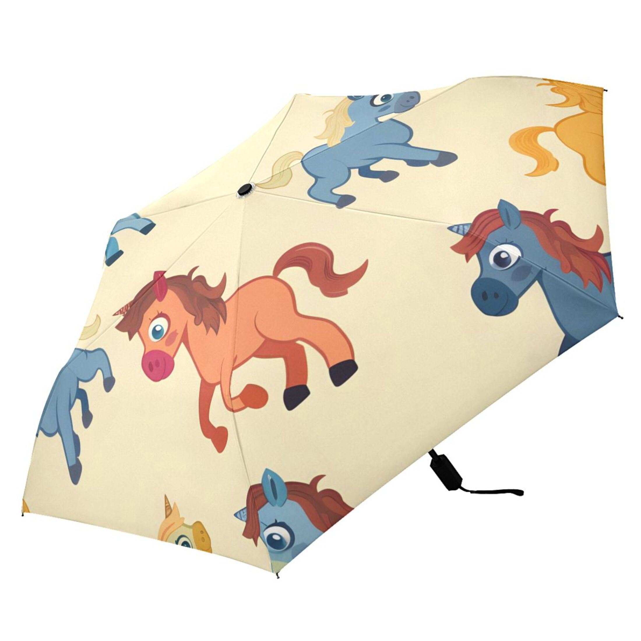 ALAZA Cartoon Horse UPF 50+ Compact Folding Umbrella for Rain Travel Umbrella Packable