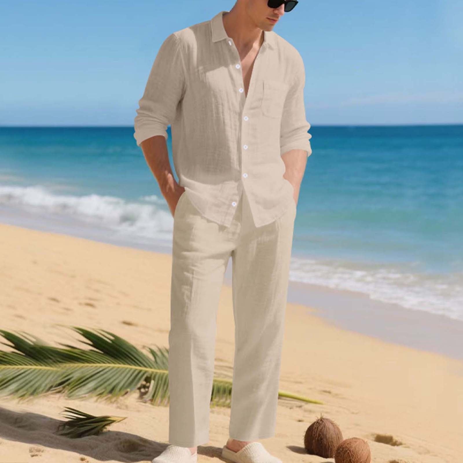 Men's Linen Casual Outfits Piece Solid Color Cuban Shirt and Pants Set Lightweight Beach Vacation Suit