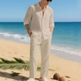 thumbnail image 5 of Aofany Men's 2 Piece Outfits Linen Set Solid Turndown Collar Long Sleeve Button Shirts and Drawstring Elastic Wais Pants Casual Beach Outfits, 5 of 8