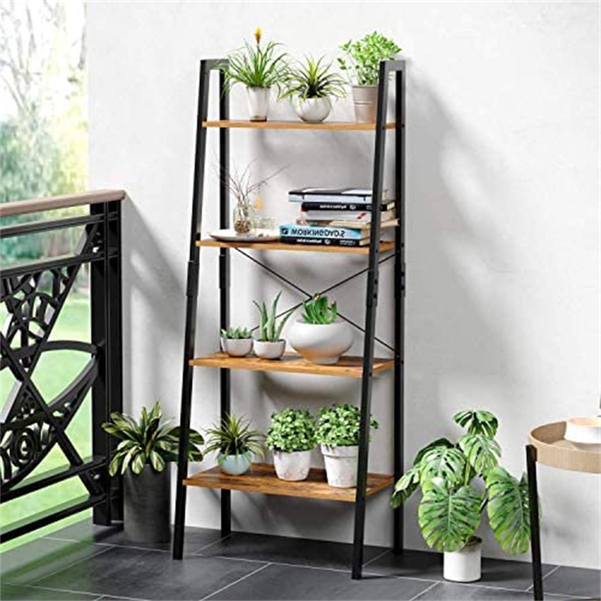 4 Tier Vintage Bookcase Wood Look Accent Metal Frame Ladder Shelf Multipurpose Plant Flower Stand Bookshelf Storage Rack Shelves
