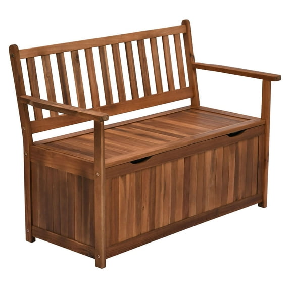Outdoor Storage Bench 41 Gallon, Wooden Deck Box Teak, PE Lining, Garden Tool Organizer, Patio Bench with 485lbs Capacity