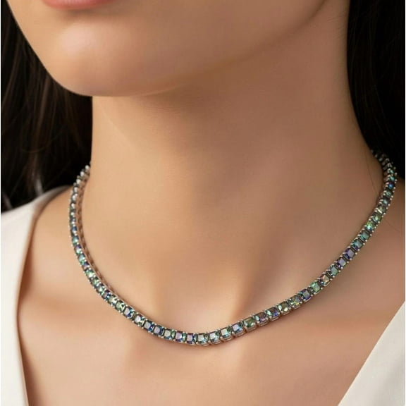 925 Silver Square Alexandrite Tennis Necklace , June Birthstone Jewelry , Layered Choker Necklace , Vibrant Multi Color Gemstone Necklace