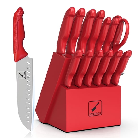 imarku 14-Piece Stainless Steel Kitchen Knife Block Set with Ergonomic Handles,Best Holiday Gifts,Red,Kitchen Essentials