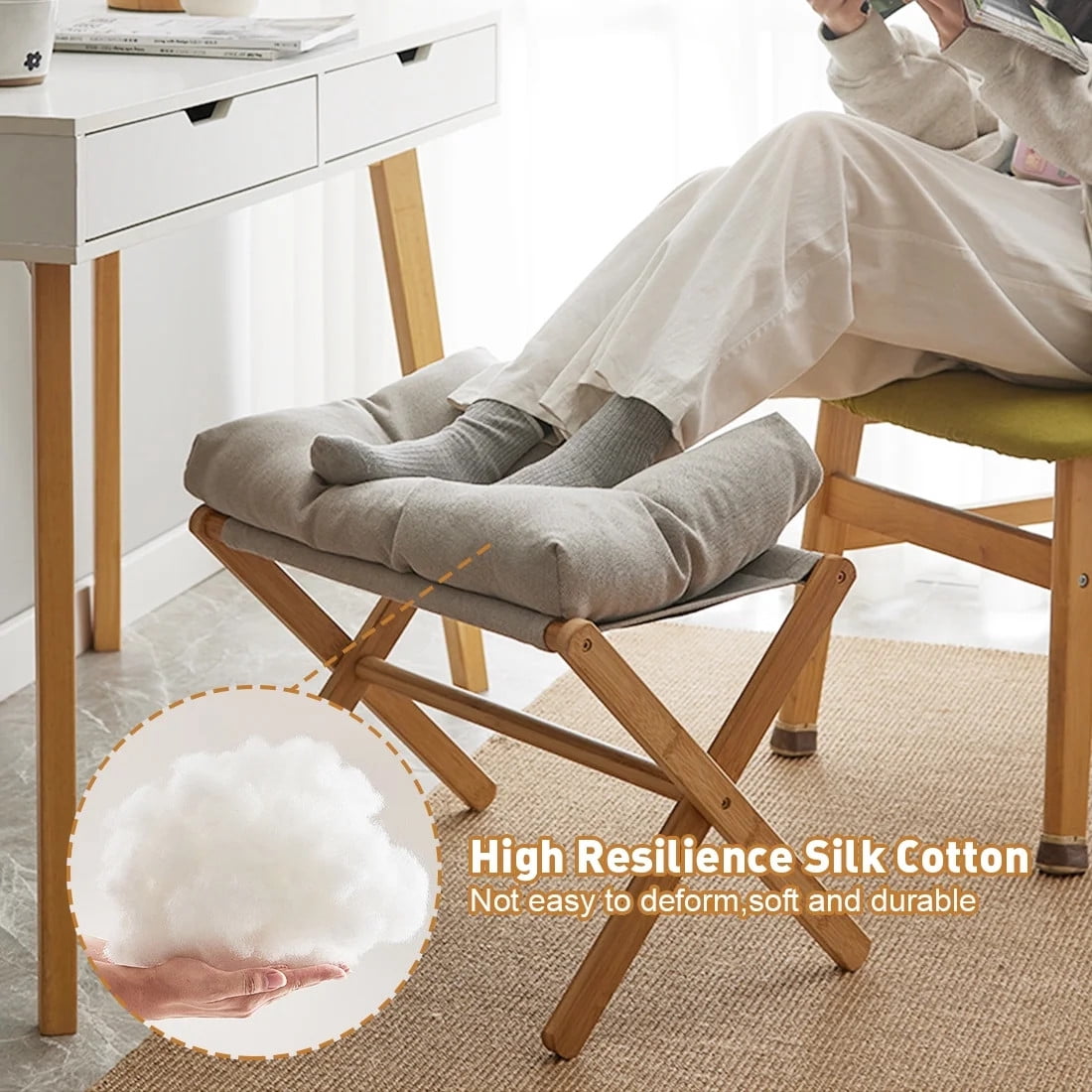 TEAFIRST Folding Footrest Stool, Footstool, Small Portable Bamboo Accent Ottoman,with Padded Gray