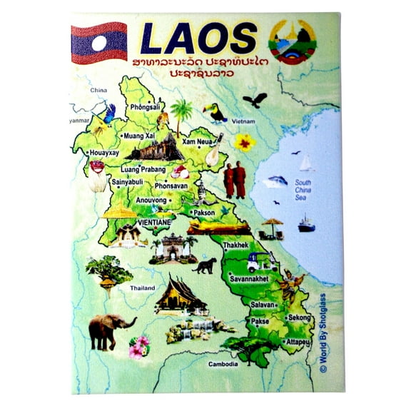Laos Graphic Map and Attractions Souvenir Fridge Magnet 2.5" X 3.5"