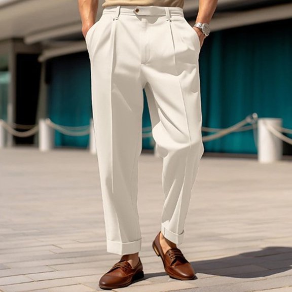 Dwellite Mens Dress Pants Slim Fit Pleated Straight Leg Trousers Classic Business Casual Pants White M