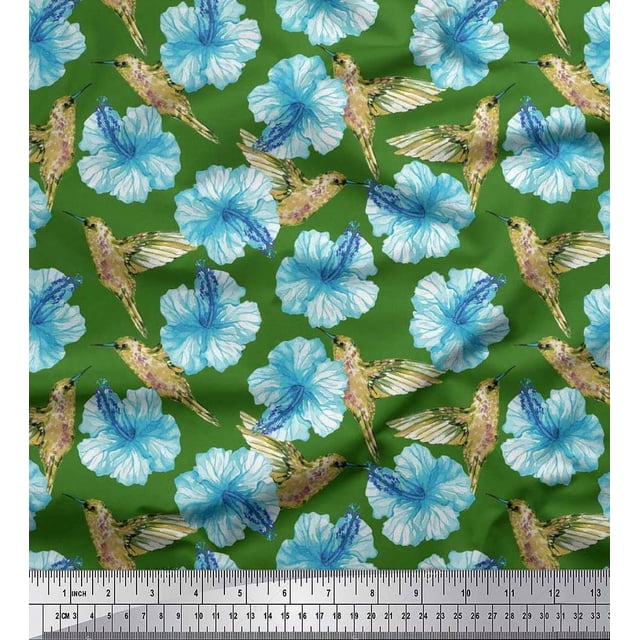 Soimoi Moss Georgette Fabric Hummingbird & Floral Printed Fabric 1 Yard 42 Inch Wide
