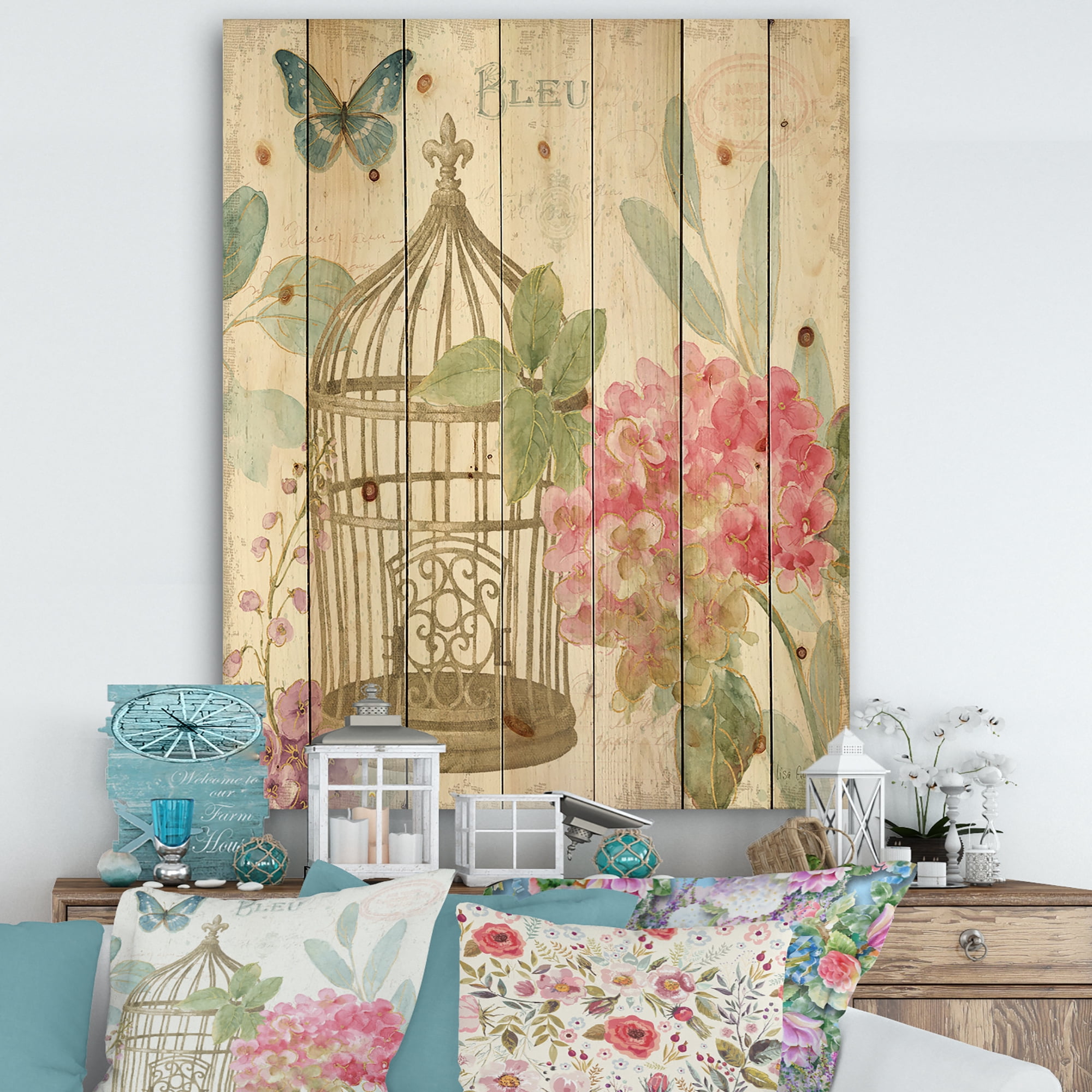 Designart 'Traditional Floral Birdcage I' Traditional Print on Natural Pine Wood