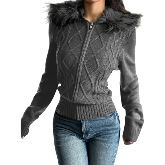 Women'S Zip Up Cardigan Sweater Cable Faux Fur Hoodies Long Sleeve Jacket Knit Outfits Y2K Grey M