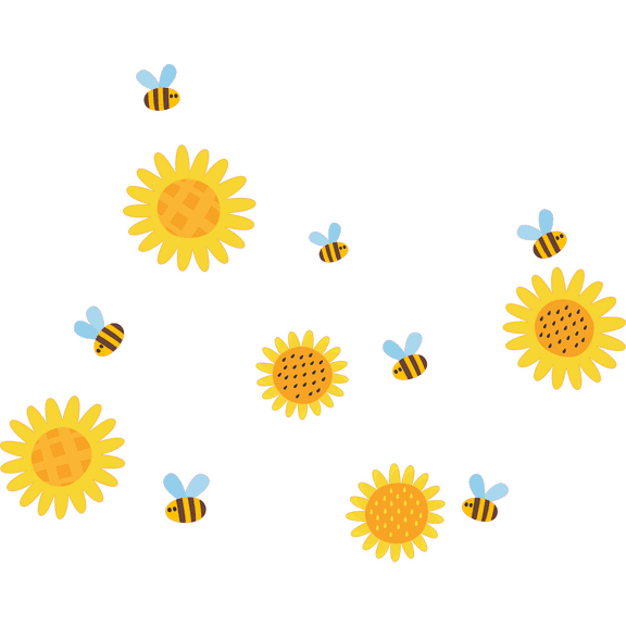 Cute Bees on their Pollination Day Artwork Design for Kid's Bedroom Vinyl Wall Decal - Honeybees Flying on a Beautiful Sunflower Flower Creative Art for Nursery Room Wall Decoration - 20" x 16"
