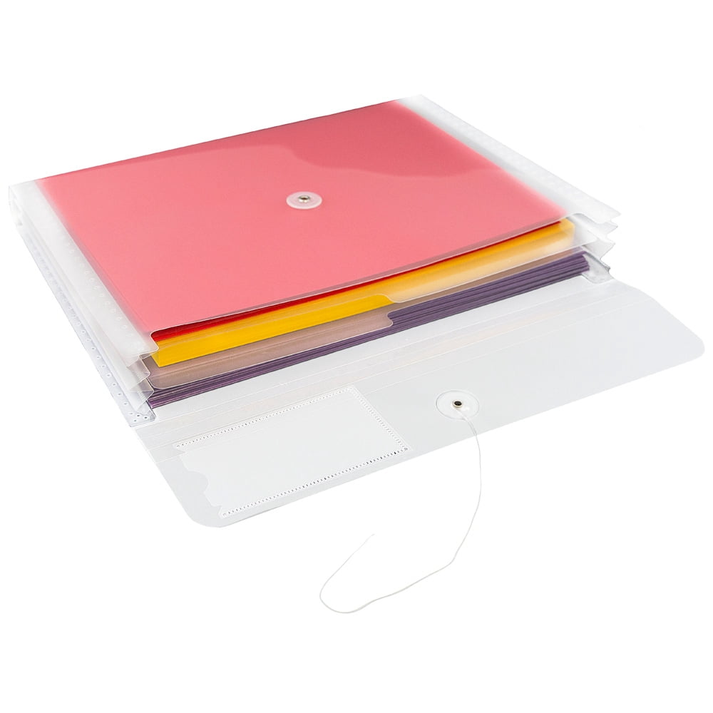 JAM Paper Plastic Envelopes with Button & String Tie Closure & 2 Dividers, Letter Booklet, 3 3/4 x 10 1/2, Clear, 3/Pack