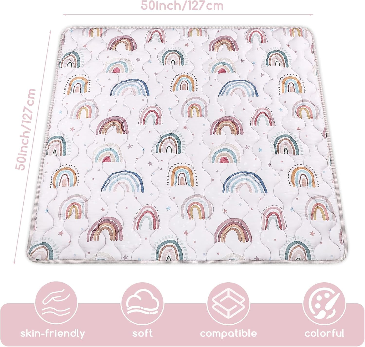 Play Mat for Floor, 127x127 cm Playpen Padded Mat, Soft Infant Tummy Time Crawling Mat,Anti Slip, Pink Rainbow