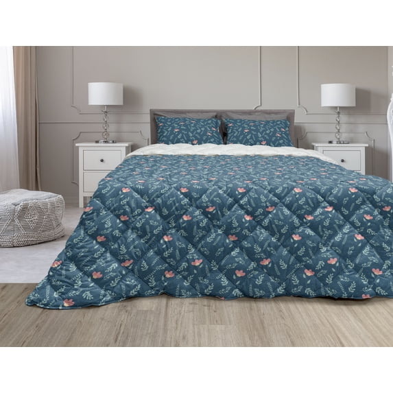 Botanical Comforter & Sham Bedding Set, Pattern of Floral Style Wild Flowers and Field Herbs Illustration, 3 pcs Duvet Set Microfiber Filling Quilt, 5 Sizes, Petrol Blue and Seafoam, by Ambesonne